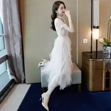 8021夏季新小清新仙女范百褶网纱桔梗蕾丝拼接大摆型连衣裙