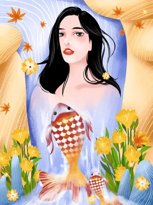 简约少女高端大气创意清新锦鲤插画广告素材下载至来源处