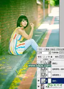 ps女生照片调色给街头围墙边的唯美女生写真照调出甜美的青红色2