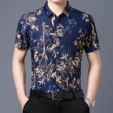 汤河之家夏季新款花衬衫男短袖中年衬衣时尚休闲商务薄款半袖爸爸装a