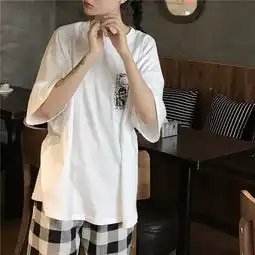 2018夏季女装韩版中长款宽松原宿风短袖t恤显瘦上衣格子休闲裤潮