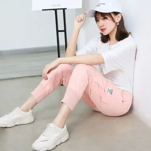 粉色工装裤女式束脚裤子法式小脚裤九分显瘦宽松夏季薄款束腿直筒