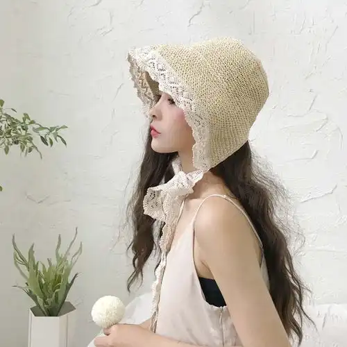 韩版遮阳帽子夏天日系小清新绑带蕾丝草帽可折叠防晒沙滩渔夫帽女