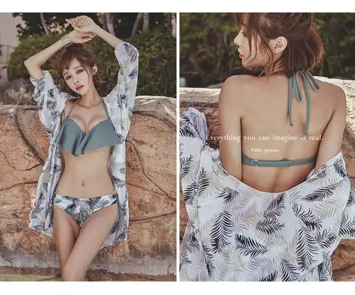 韩版新款温泉比基尼泳衣女性感荷叶边大小胸聚拢雪纺长袖罩衫泳衣