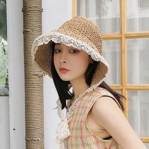 韩版遮阳帽子夏天日系小清新绑带蕾丝草帽可折叠防晒沙滩渔夫帽女