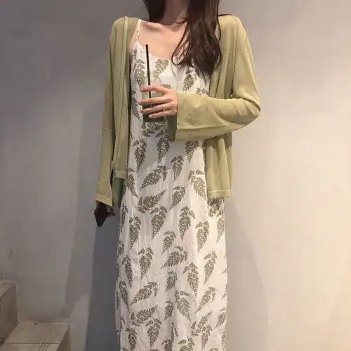 小清新套装女夏季新款韩版雪纺吊带连衣裙纯色防晒开衫外套两件套