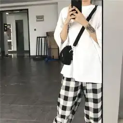 2018夏季女装韩版中长款宽松原宿风短袖t恤显瘦上衣格子休闲裤潮