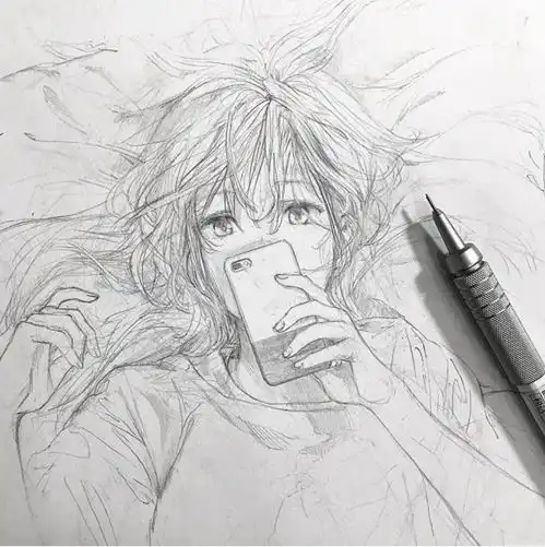 黑白手绘线稿动漫少女,柔美的线条,有没有美到你呢