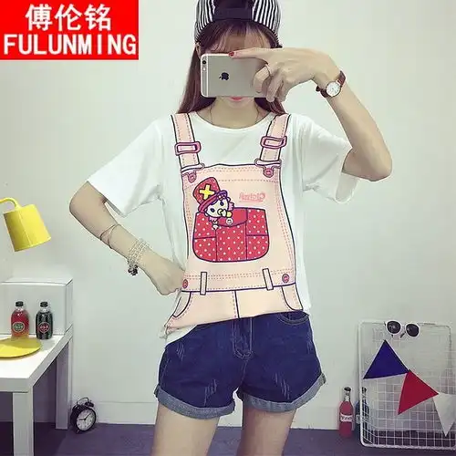 夏季少女休闲潮流短袖t恤大码女装韩版圆领创意印花上衣原宿风bf