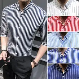 2019春夏男式条纹衬衫男士七分袖韩版商务休闲修身衬衣潮免烫