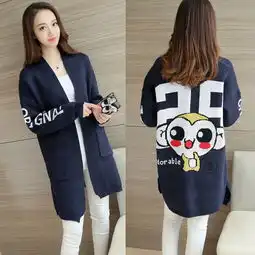 针织开衫女中长款大码时尚卡通猴子字母长袖毛衣外套女