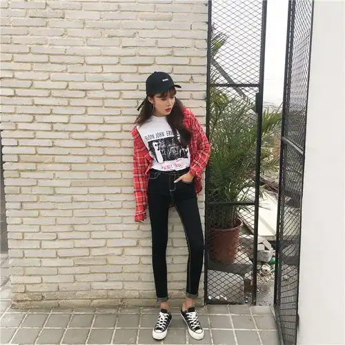 学生春秋牛仔裤女小脚裤原宿风裤子女韩版黑色弹力显瘦紧身哈伦装