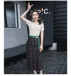 名媛两件套,2017夏季新款韩版淑女修身开叉长裙子